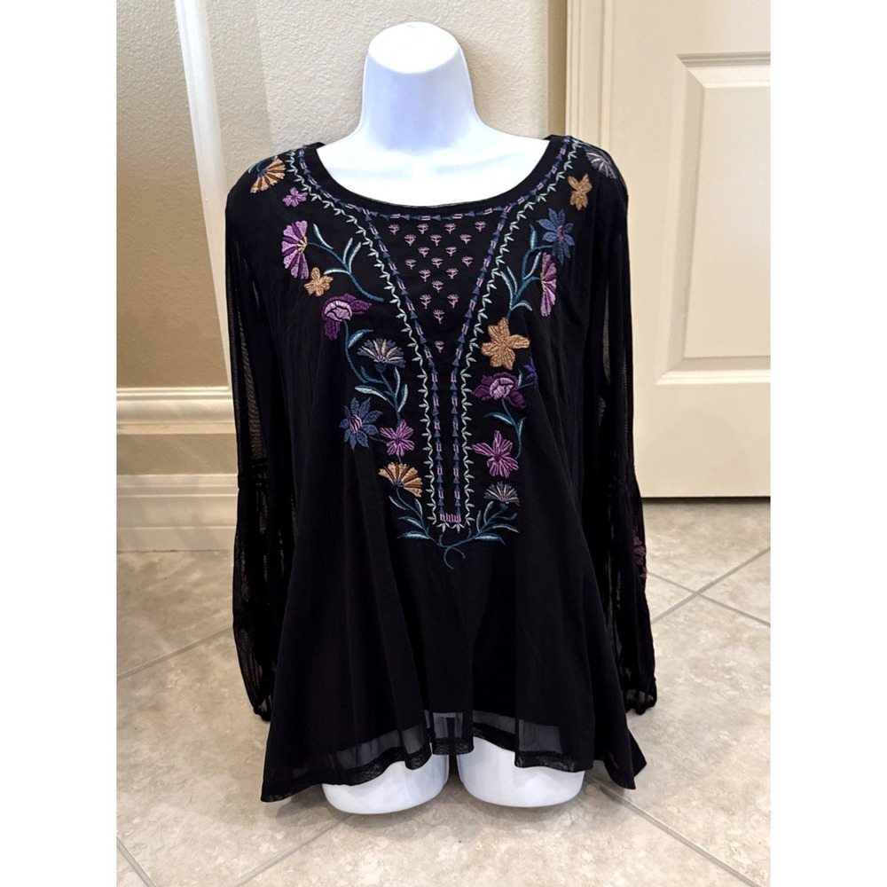 Style Co Black Mesh Embroidered Floral Peplum Top Sz XL Long Sheer Lined Boho - Picture 3 of 11